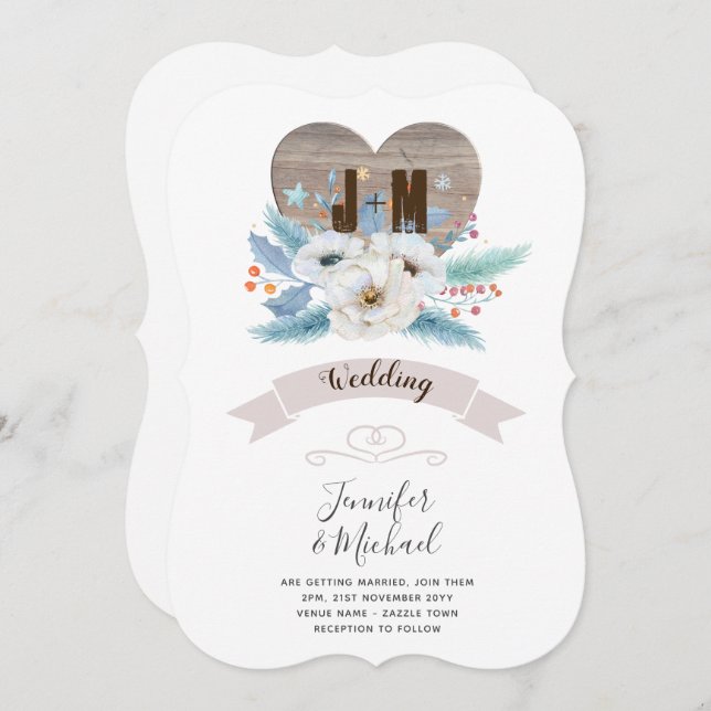 Rustic Engraved Wood Heart Monogram Floral Fall Invitation (Front/Back)