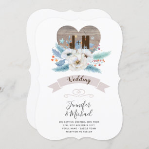 Rustic Engraved Wood Heart Monogram Floral Fall Invitation