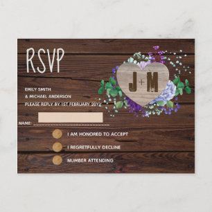Rustic Engraved Wood Heart Monogram Floral Fall Invitation Postcard