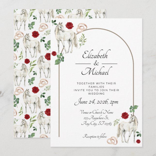 Rustic Equestrian Floral Red Wedding Invitation (Front/Back)