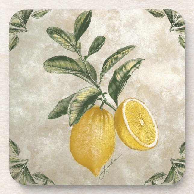 Rustic Etched Vintage Lemons Coasters (Front)