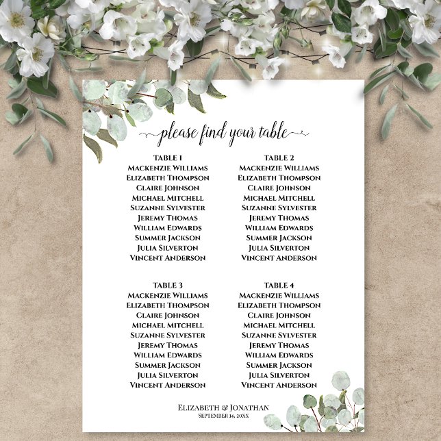 Rustic Eucalyptus 4 Table Wedding Seating Chart (In Situ on Wall with Decorations)