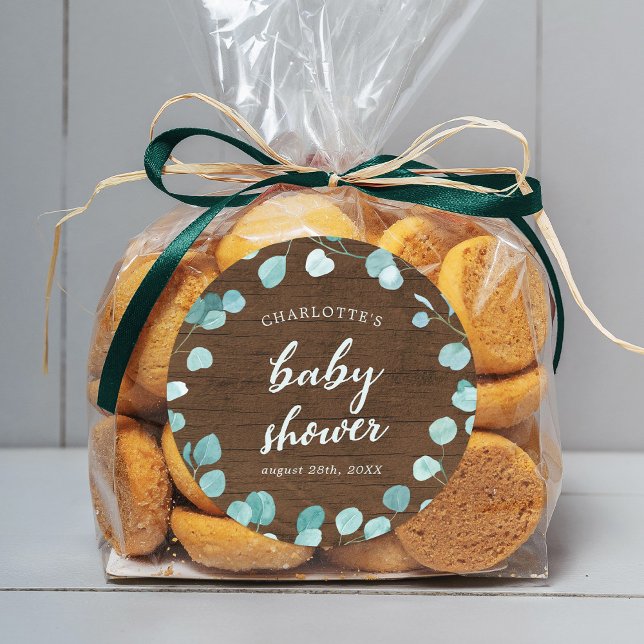 Rustic Eucalyptus and Brown Wood Baby Shower Classic Round Sticker (Creator Uploaded)