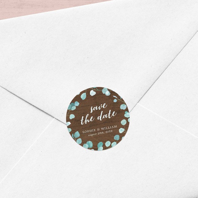 Rustic Eucalyptus and Brown Wood Save the Date Classic Round Sticker (Creator Uploaded)