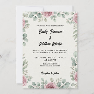 Rustic Eucalyptus and Pink Rose Wedding Invitation
