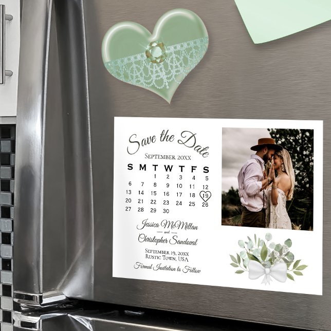 Rustic Eucalyptus Calendar & Photo Save the Date Magnetic Invitation (Creator Uploaded)