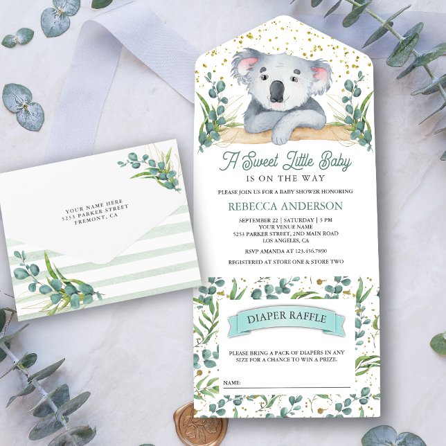 Rustic Eucalyptus Cute Koala Bear Baby Shower All In One Invitation (Creator Uploaded)