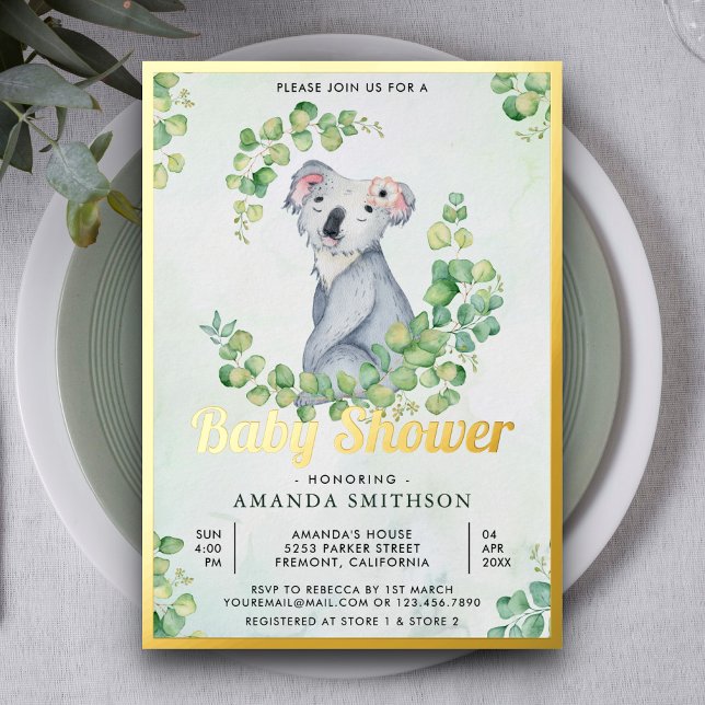 Rustic Eucalyptus Cute Koala Bear Baby Shower Gold (Creator Uploaded)