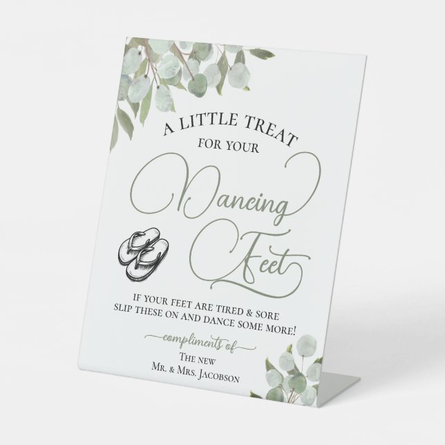 Rustic Eucalyptus Dancing Feet Flip Flop Wedding  Pedestal Sign (Front)