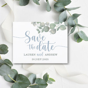 Rustic Eucalyptus Dusty blue Wedding Save the Date Postcard
