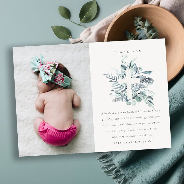 Rustic Eucalyptus Fauna Cross Photo Christening Thank You Card (Creator Uploaded)