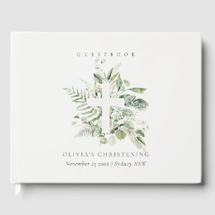 Rustic Eucalyptus Fern Foliage Cross Christening  Guest Book