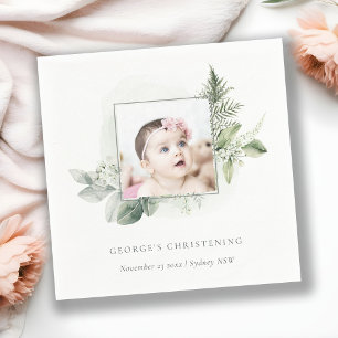 Rustic Eucalyptus Fern Foliage Cross Christening Napkin