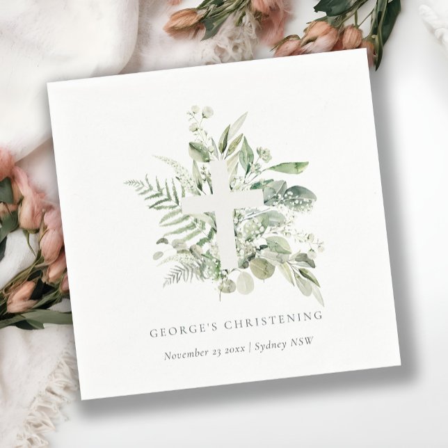 Rustic Eucalyptus Fern Foliage Cross Christening  Napkin (Creator Uploaded)