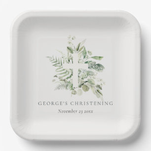 Rustic Eucalyptus Fern Foliage Cross Christening  Paper Plate