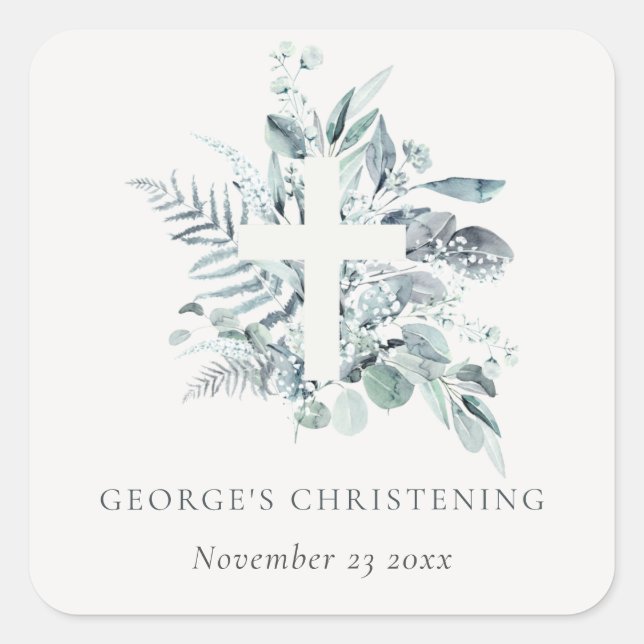 Rustic Eucalyptus Fern Foliage Cross Christening Square Sticker (Front)