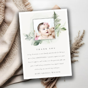 Rustic Eucalyptus Fern Foliage Photo Christening Thank You Card