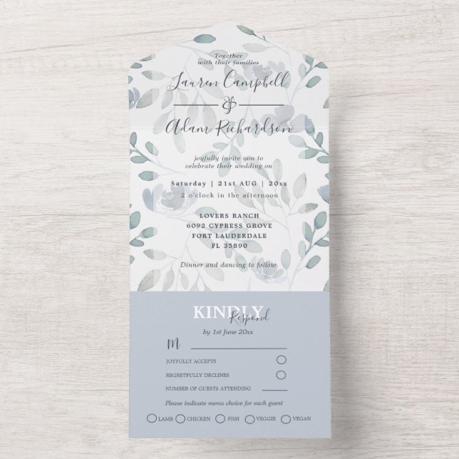 Rustic Eucalyptus Floral Dusty Blue Wedding   All  In One Invitation (Inside)
