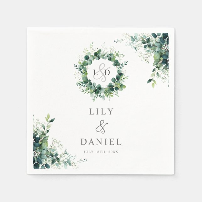 Rustic Eucalyptus Floral Greenery Monogram Wedding Napkin (Front)