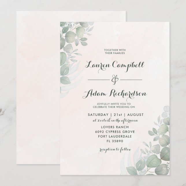 Rustic Eucalyptus Foliage Green & Orange Wedding Invitation (Front/Back)