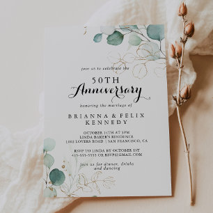 Rustic Eucalyptus Gold 50th Wedding Anniversary Invitation
