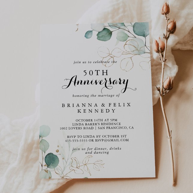 Rustic Eucalyptus Gold 50th Wedding Anniversary Invitation (Creator Uploaded)