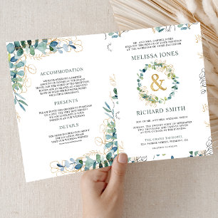 Rustic Eucalyptus Gold All in One QR Code Wedding Invitation