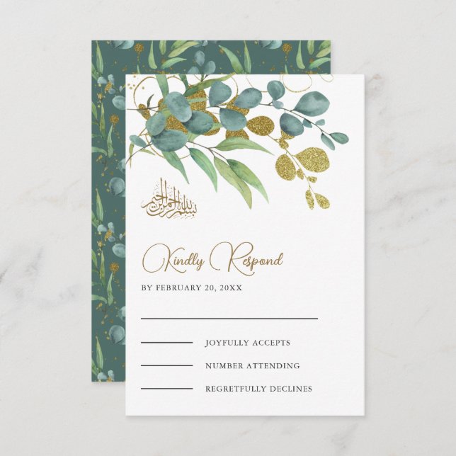 Rustic Eucalyptus Gold Branch Islamic Wedding RSVP Card (Front/Back)