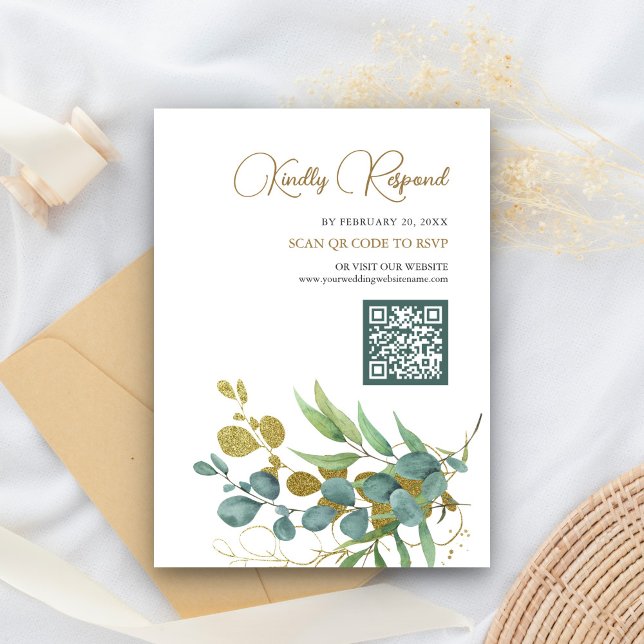 Rustic Eucalyptus Gold Branch QR Code RSVP Wedding Enclosure Card (Creator Uploaded)