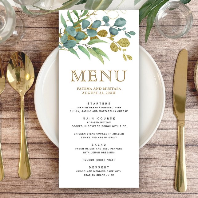 Rustic Eucalyptus Gold Branch Wedding Details Menu (Creator Uploaded)