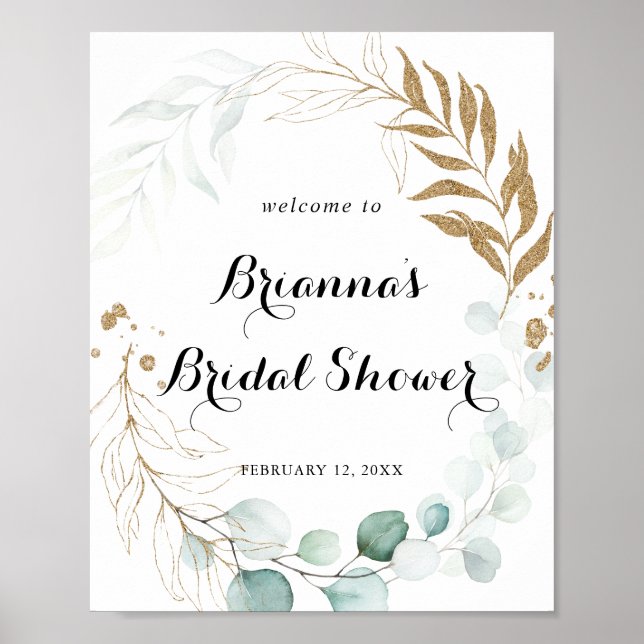 Rustic Eucalyptus Gold Bridal Shower Welcome Poster (Front)