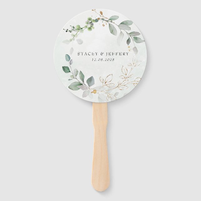 Rustic Eucalyptus Gold Calligraphy Wedding  Hand F Hand Fan (Front)