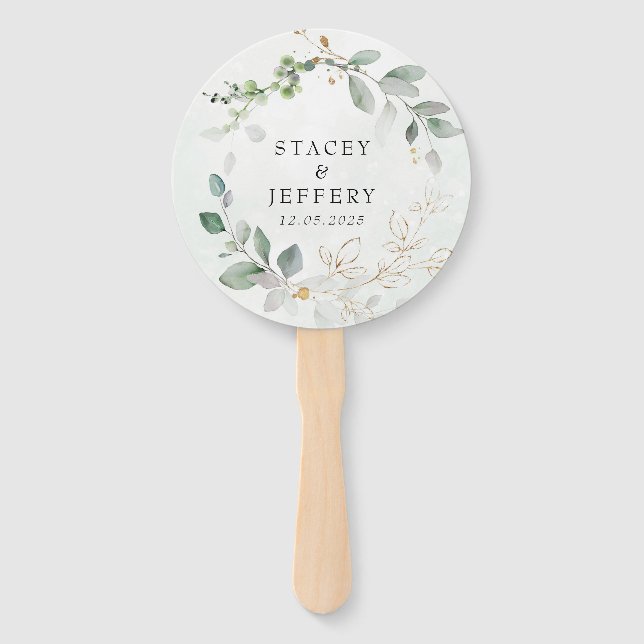 Rustic Eucalyptus Gold Calligraphy Wedding Hand Fan (Front)