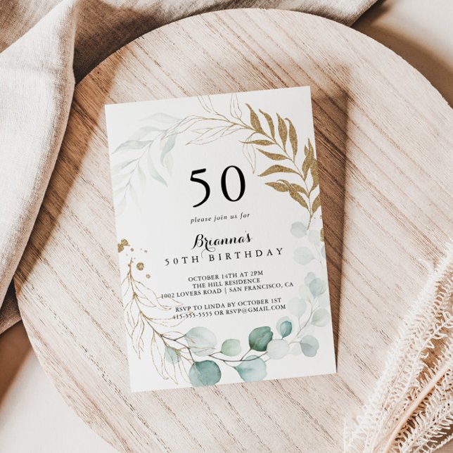 Rustic Eucalyptus Gold Floral 50th Birthday Party Invitation (Creator Uploaded)