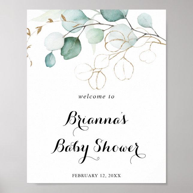 Rustic Eucalyptus Gold Floral Baby Shower Welcome Poster (Front)