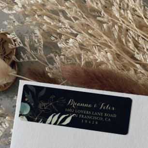 Rustic Eucalyptus Gold Floral Blue Return Address  Label