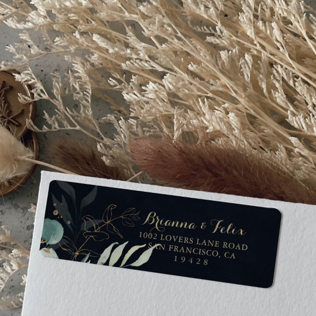 Rustic Eucalyptus Gold Floral Blue Return Address  Label (Creator Uploaded)