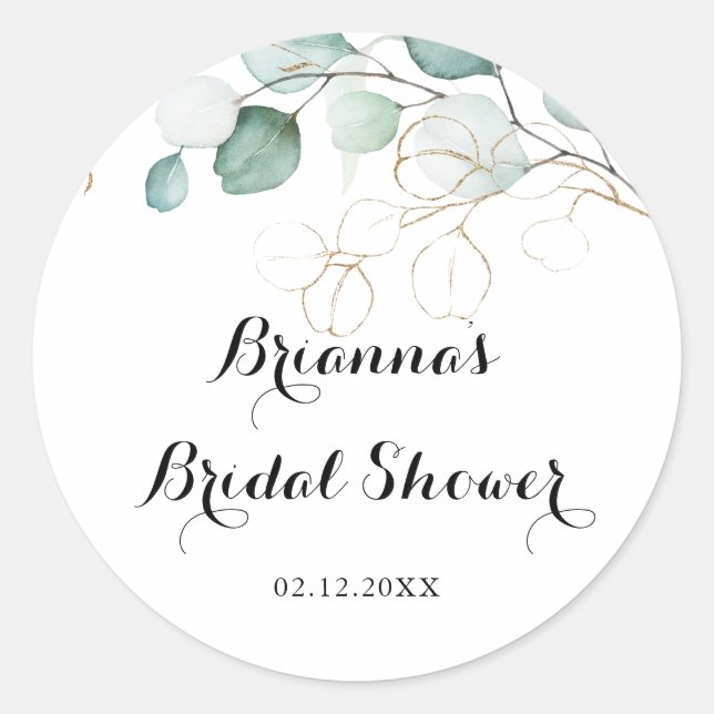 Rustic Eucalyptus Gold Floral Bridal Shower Favour Classic Round Sticker (Front)