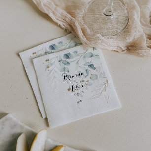 Rustic Eucalyptus Gold Floral Calligraphy Wedding Napkin