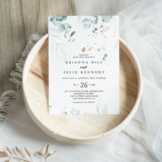 Rustic Eucalyptus Gold Floral Casual Wedding Invitation (Creator Uploaded)