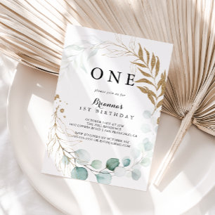 Rustic Eucalyptus Gold Floral First Birthday Party Invitation