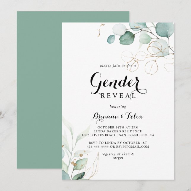 Rustic Eucalyptus Gold Floral Gender Reveal Party Invitation (Front/Back)