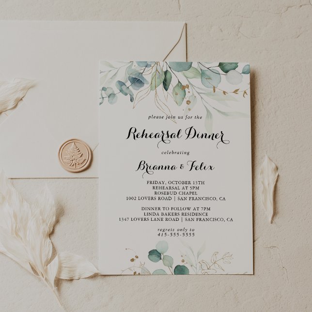 Rustic Eucalyptus Gold Floral Rehearsal Dinner Invitation (Creator Uploaded)