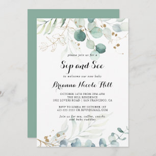 Rustic Eucalyptus Gold Floral Sip and See Invitation