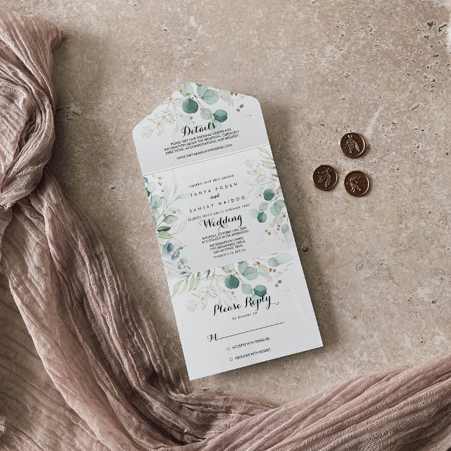 Rustic Eucalyptus Gold Floral Wedding   All In One Invitation (Creator Uploaded)