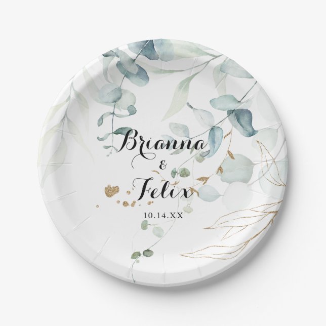 Rustic Eucalyptus Gold Floral Wedding Cake Paper Plate (Front)