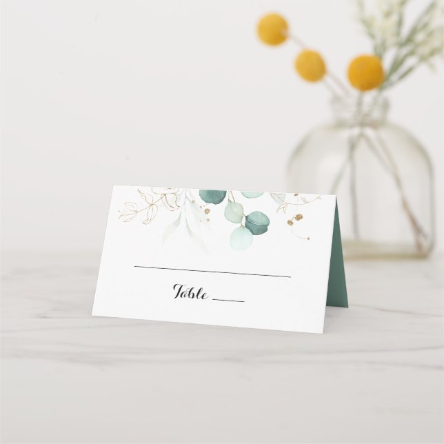 Rustic Eucalyptus Gold Floral Wedding Place Card (Front)