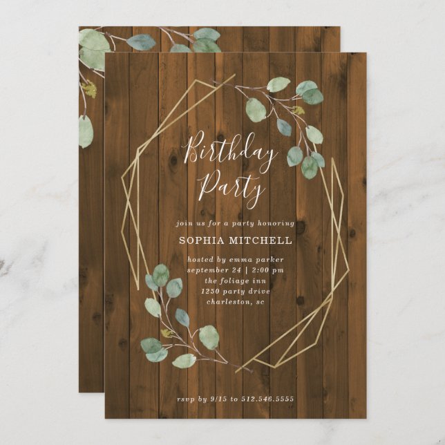 Rustic Eucalyptus | Gold Geometric Birthday Party Invitation (Front/Back)