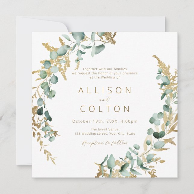 rustic eucalyptus gold gold greenery wedding invitation (Front)
