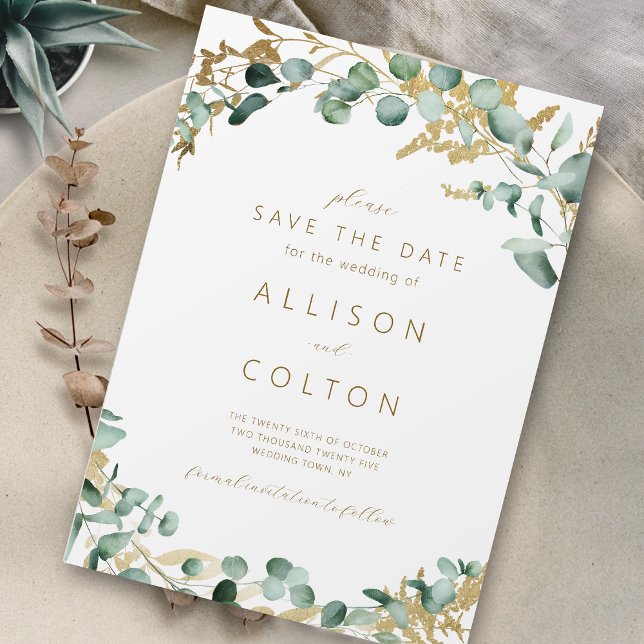 Rustic eucalyptus gold greenery boho save the date (Rustic eucalyptus gold greenery boho save the date)